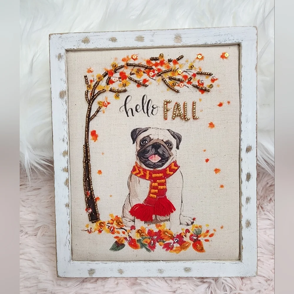 ! NWT "Hello Fall" Dog Canvas Puffy Sign w Great Embroidery Detail ! - Picture 1 of 3